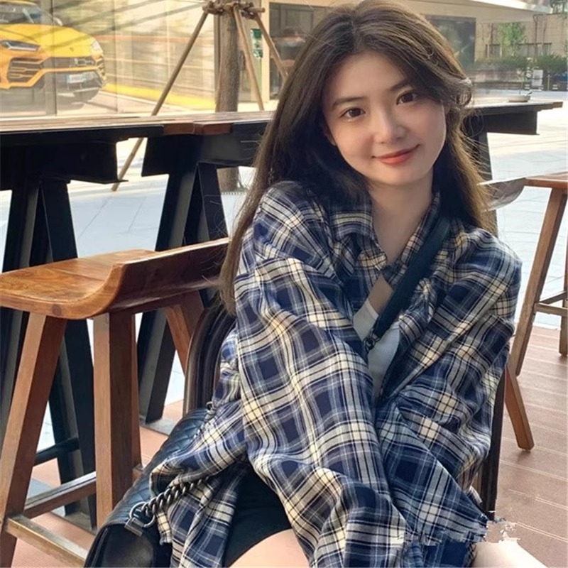 秋款法式复古格子衬衫女百搭衬衣