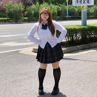 樱时纪原创大码jk弹力收腰纯白长袖衬衫日系微胖MM学院风内搭衬衣