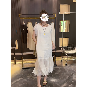 爆款2026大码新款白色蕾丝拼接泡泡袖鱼尾显瘦百搭长款女士连衣裙