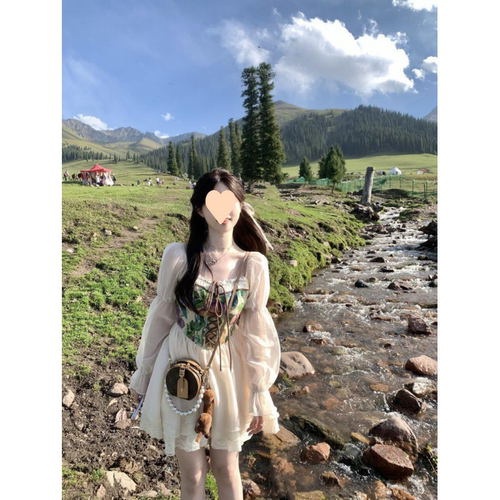 法式复古油画裙收腰拼接小个子蓬蓬短裙女春季新款在逃公主连衣裙