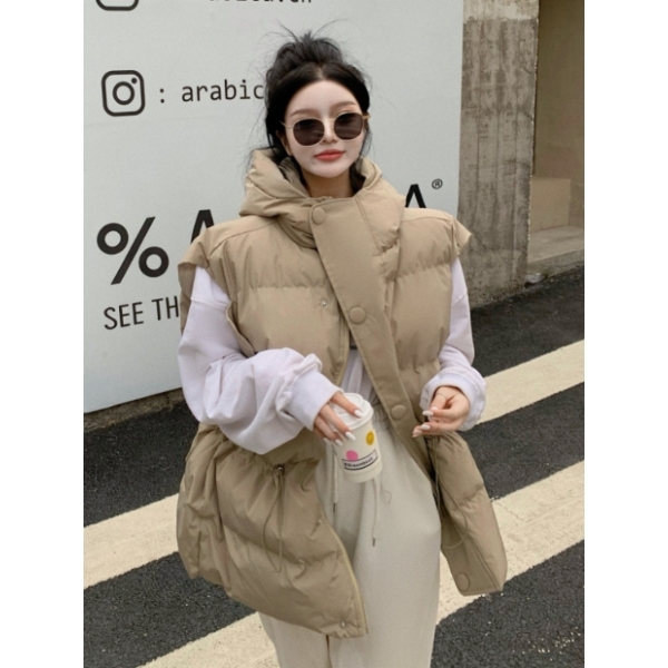 大码棉服马甲外穿女宽松2025秋冬加厚保暖连帽背心马夹坎肩外套