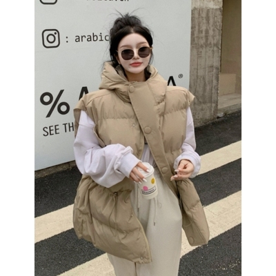 大码棉服马甲外穿女宽松2025秋冬加厚保暖连帽背心马夹坎肩外套