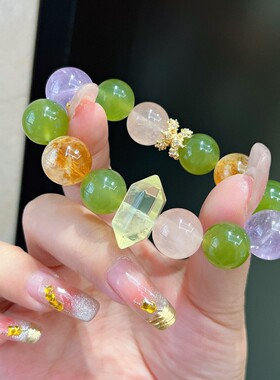 天然水晶手串多宝手链黄塔晶岫玉薰衣草紫粉晶夏天新款流行首饰品