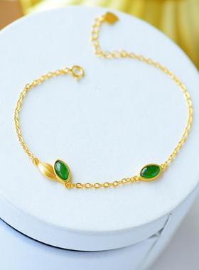 新品天然叶子玉石镀金手链清新气质宫廷风文艺复古手饰品气质礼物