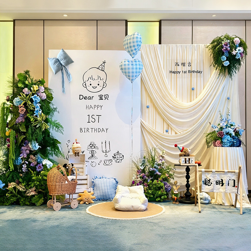 韩系布幔宝宝一周岁宴定制生日KT板背景墙氛围感场景布置抓周装饰图片