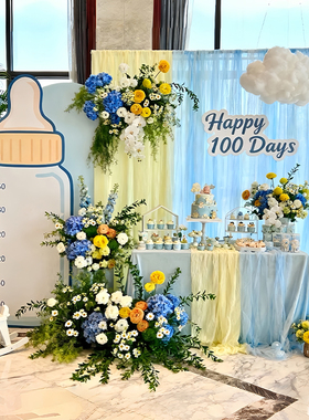 奶瓶主题蓝色百天宴布置宝宝100天生日场景装饰ins风kt板背景墙