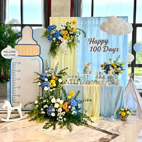 奶瓶主题蓝色百天宴布置宝宝100天生日场景装饰ins风kt板背景墙