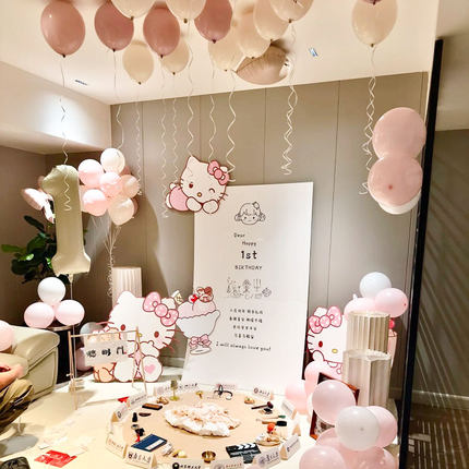 hellokitty周岁生日布置kt板定制凯蒂猫女孩小公主气球派对背景墙