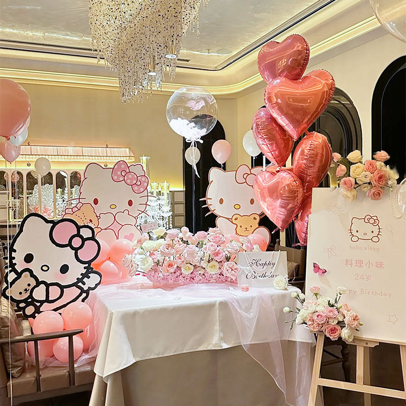 hellokitty凯蒂猫生日布置场景装饰女孩18岁气球派对kt板定制背景