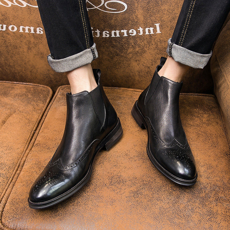 WINTER FLEECE SLEEVE LEATHER BOOTS MENS GENUINE LEATHER CHELSEA BOOTS MENS ANKLE BOOTS MID-TOP ENGLAND BULLOCK VERSATILE MARTIN