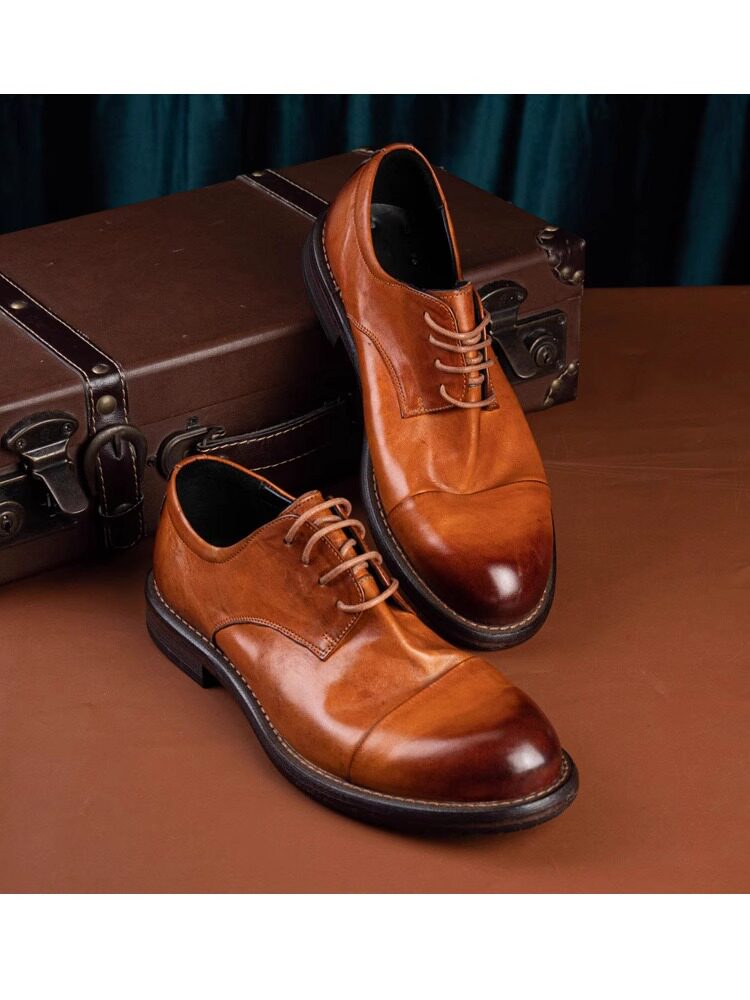 BRITISH LEATHER RETRO SOFT LEATHER HORSESKIN CASUAL SHOES THREE-JOINT ROUND TOE BUSINESS FORMAL LEATHER SHOES MENS WEDDING SHOES DERBY SHOES