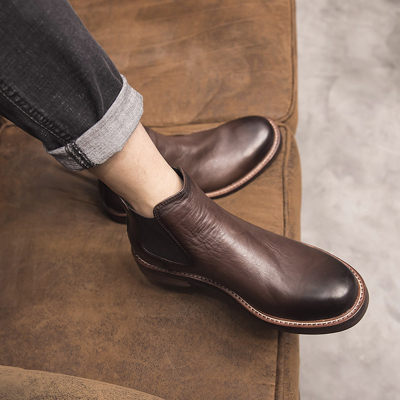 CHELSEA BOOTS MENS HIGH-TOP GENUINE LEATHER WINTER NEW BRITISH STYLE LEATHER BOOTS MID-TOP FASHION TREND SOFT LEATHER MARTIN BOOTS MEN
