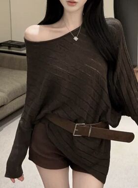 慵懒高级斜肩601072不规则秋冬长袖针织衫2025毛衣宽松显瘦上衣