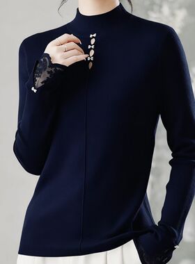 秋冬高领新款512260-3镂空设计针织打底高级蕾丝长袖上衣