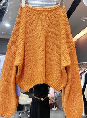 早秋fufu毛衣511245-3短款秋软慵懒粉色女一字领大版针织衫