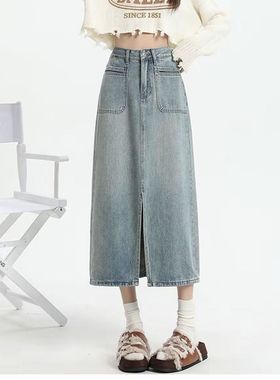 牛仔复古半身裙504179开叉新款夏季高腰显瘦中长款裙子长裙