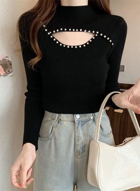 法式轻奢钉钻512157-4镂空高领针织衫女秋冬修身长袖毛衣打底衫