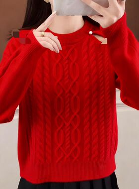 红色毛衣秋冬512250-3圆领新款宽松加厚上衣针织衫长袖