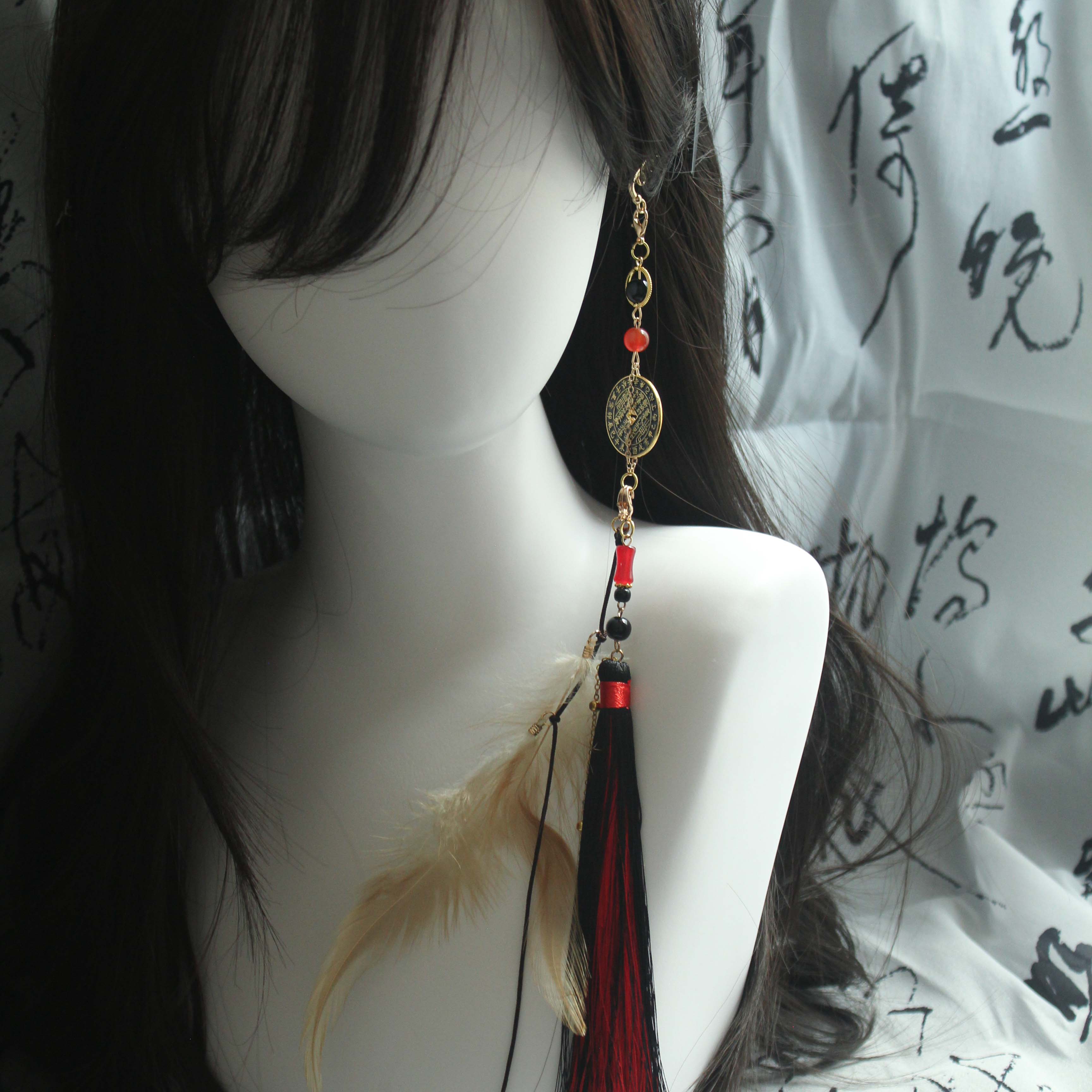 羽墨韵-原创羽毛耳挂藏式铜钱长流苏耳环古风汉服马面裙配饰耳饰