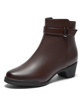 Bata时装靴女2023冬商场新款百搭软底羊皮通勤粗跟短筒靴AV459DD3