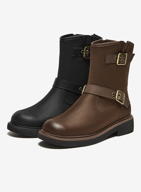 百思图2024冬季商场新款复古西部牛仔靴粗跟女美拉德短靴W2082DZ4