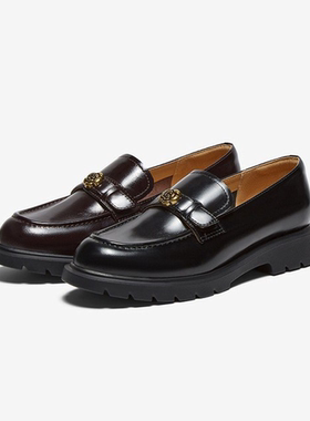 百思图2025秋新款牛皮乐福鞋皮鞋复古英伦风女一脚蹬单鞋C5871CA5