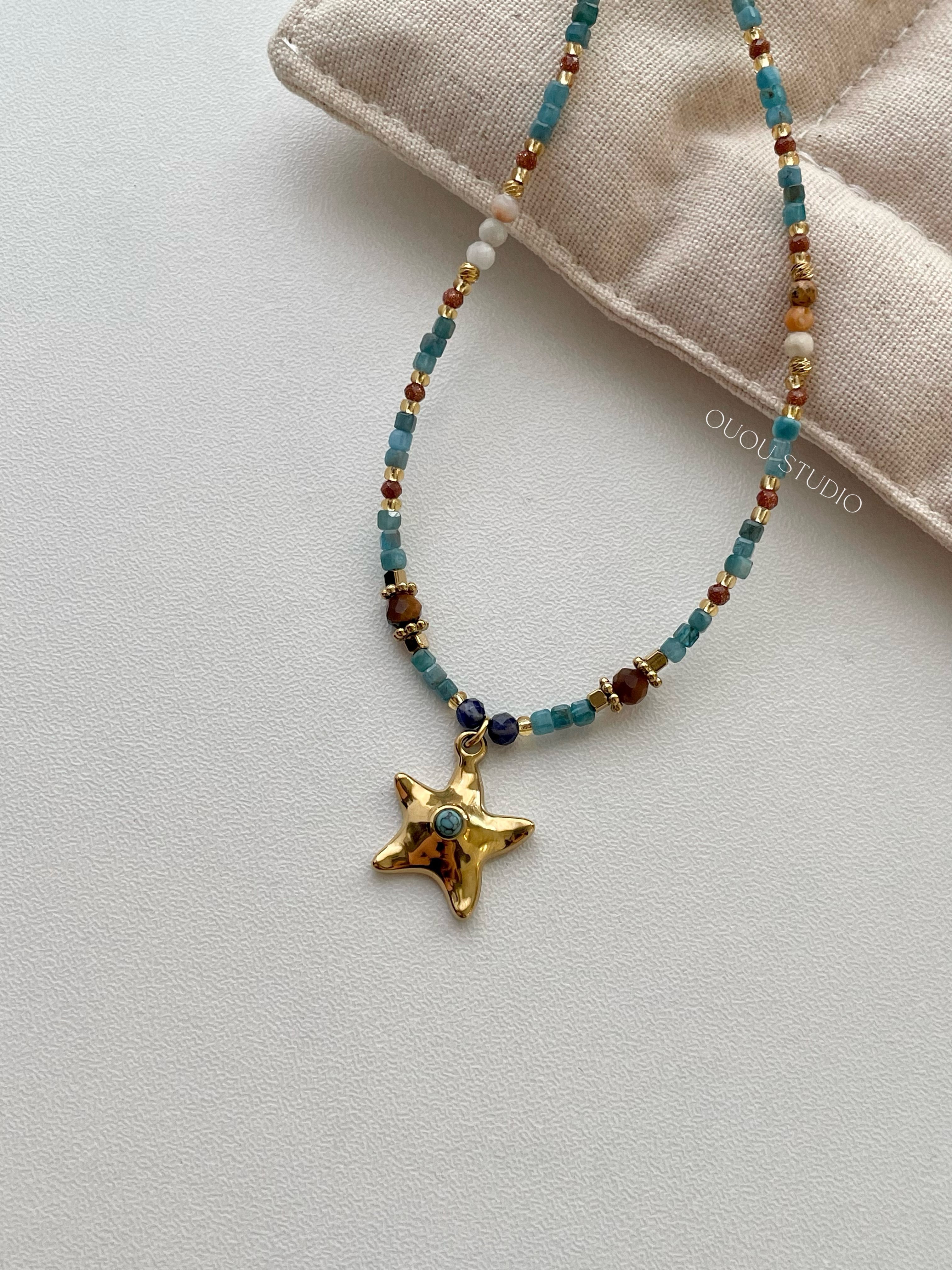 「海星」沙滩风高级休闲风天然石串珠项链百搭蓝鳞灰石吊坠链