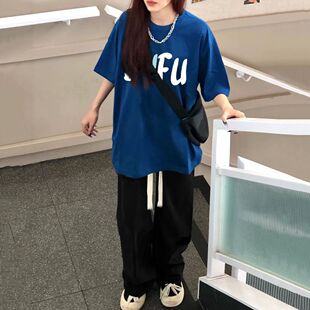 夏季爆款克莱因蓝短袖套装女学生宽松T恤+休闲裤网红穿搭两件套潮