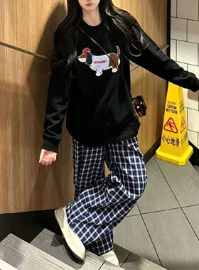 初秋休闲慵懒风套装女小众叠穿Oversize圆领上衣格子裤学生两件套