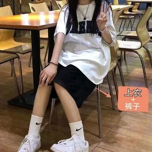 新款夏季套装女学生韩版宽松短袖t恤+直筒五分阔腿裤两件套ins潮