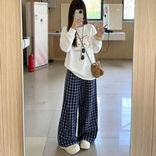 盐系ins网红套装秋冬季百搭圆领上衣女学生休闲阔腿裤穿搭一整套