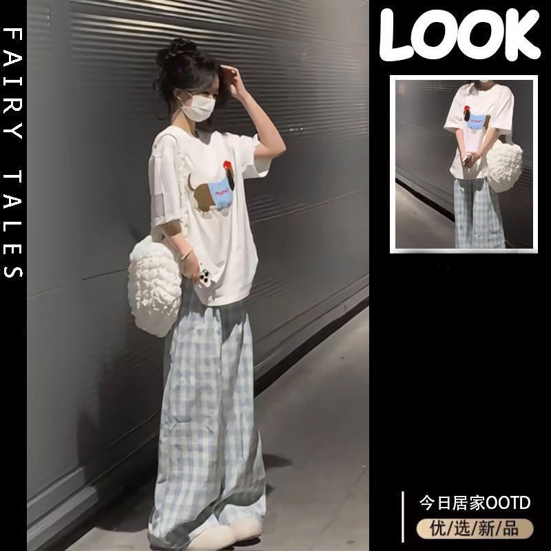 单/套装新款套装女学生学院风宽松短袖t恤休闲阔腿裤夏日甜美穿搭
