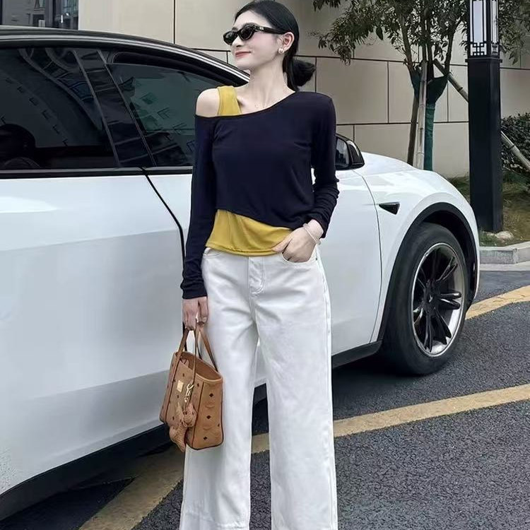 假两件短款上衣小众设计感斜肩
