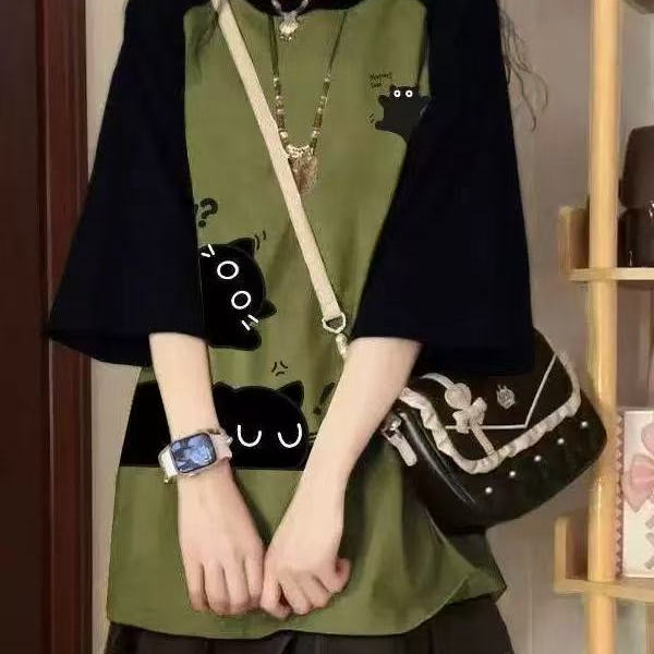 纯棉重磅短袖t恤女夏季美式复古爆款宽松小众设计感半袖插肩上衣