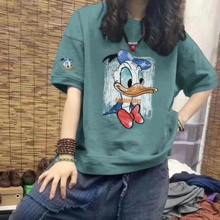 纯棉上衣潮 宽松减龄拼接唐老鸭印花中长款 纯棉短袖 T恤女2023夏季