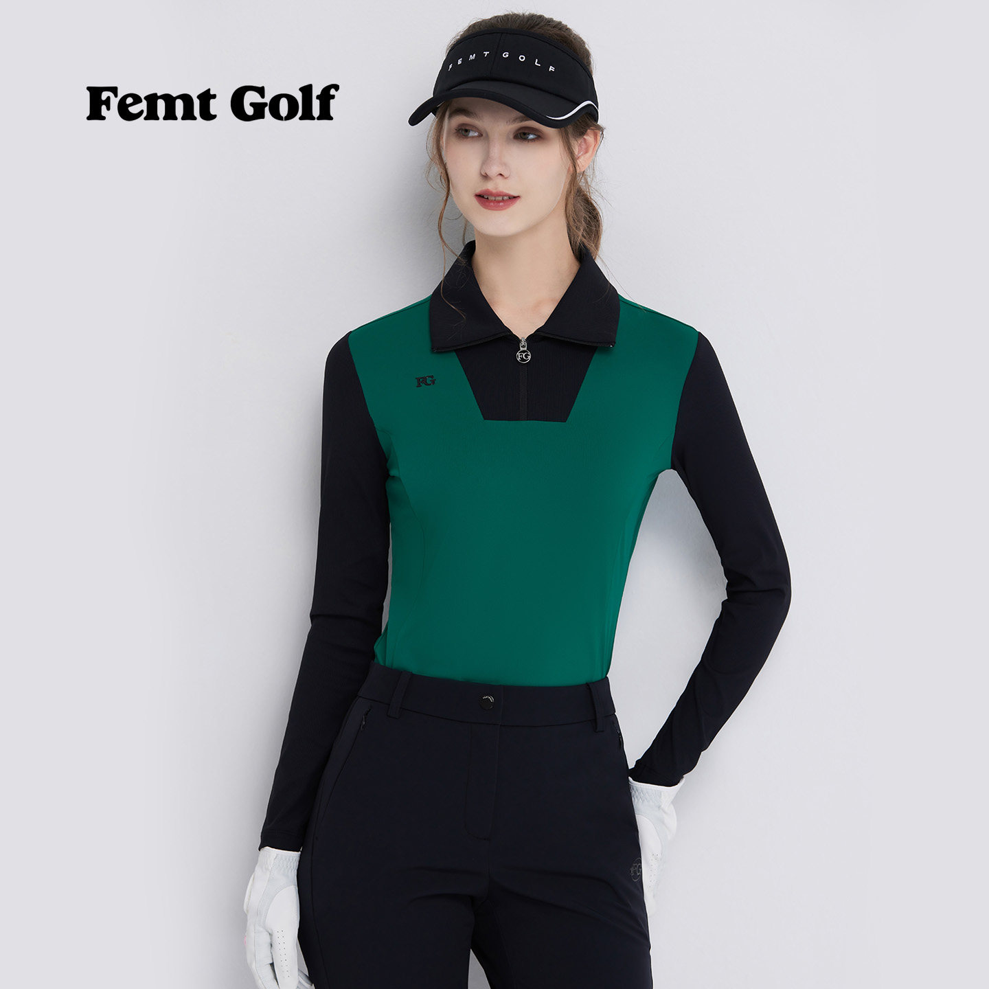 FG秋冬高尔夫服装女翻领拉链长袖T恤高尔夫女装撞色弹力运动上衣