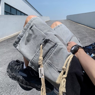 工装牛仔短裤男士夏季薄款潮牌休闲中裤男生宽松大码五分裤子男款
