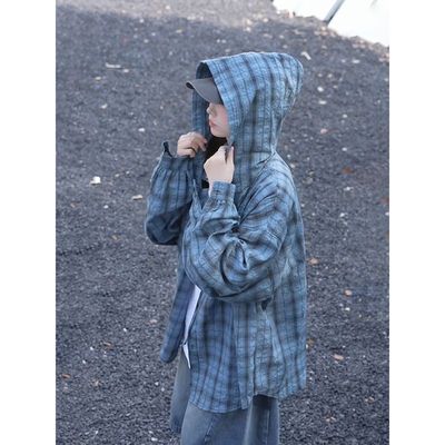户外轻薄防晒格子连帽衬衫外套男女2025夏季新款宽松情侣长袖衬衣