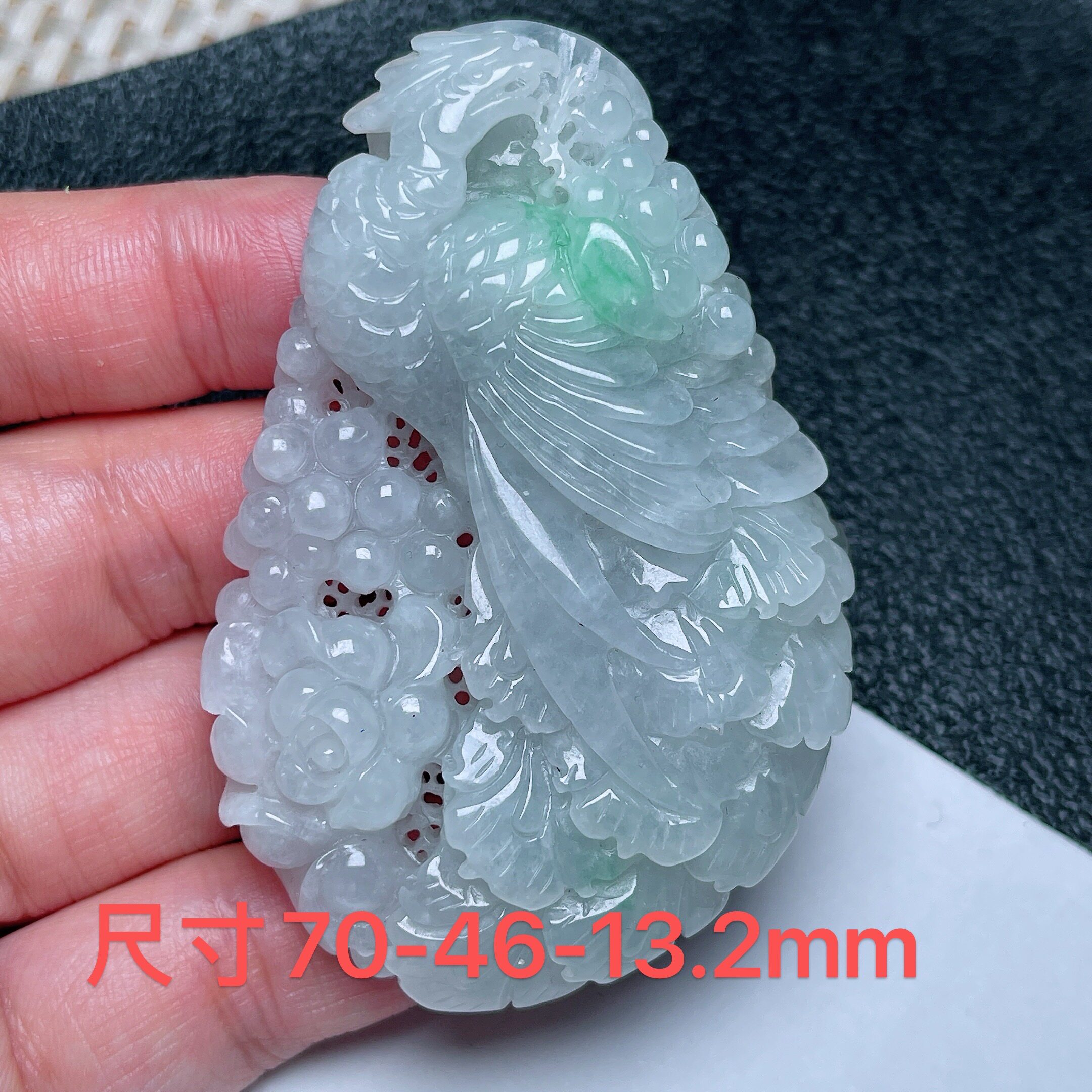 缅甸天然翡翠A货冰润飘绿精雕凤牌挂件吊坠 精美男女款玉坠