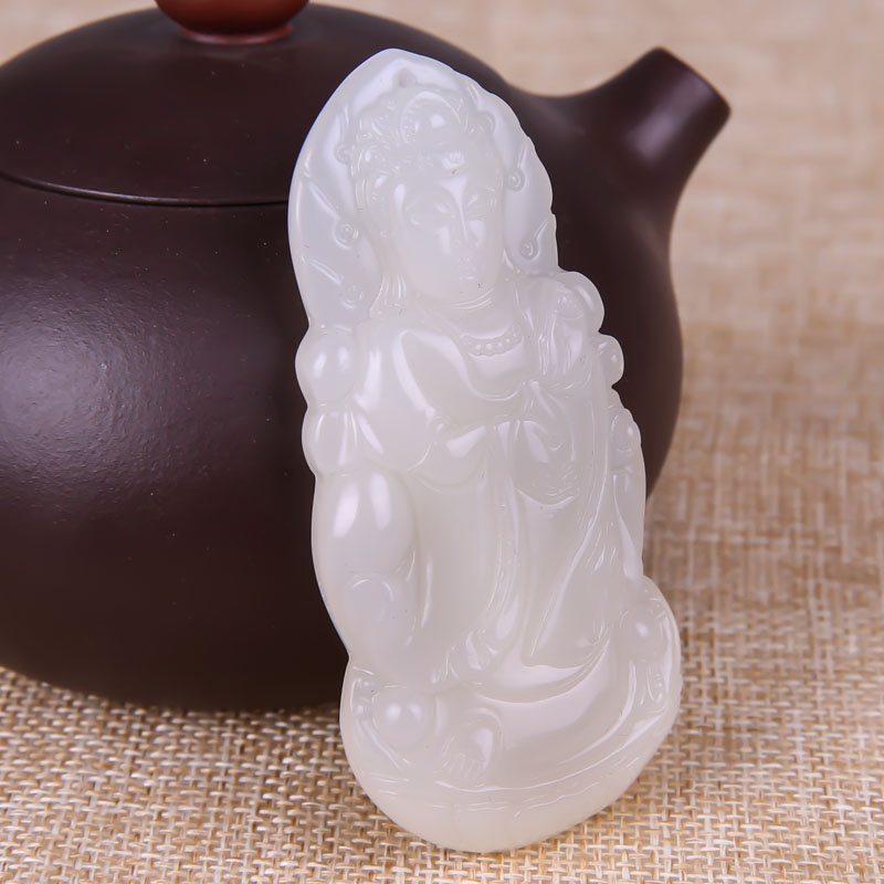青峰玉业玉器2018款新疆和田玉白玉籽料站观音吊坠 男款挂件玉佩