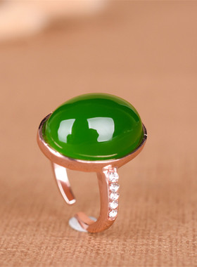 新疆和田老坑碧玉椭圆单圈可调节925银女士款戒指碧玉13x17mm