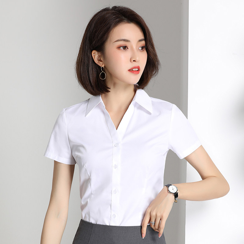 白色衬衫女短袖V领职业气质衬衣夏季工装上衣银行正装白领工作服