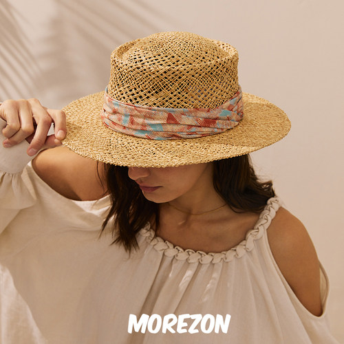 MOREZON【Mossant】25春夏新款潮人时尚出游镂空女士平顶缎带草帽