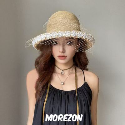 MOREZON【ETRE PAR LEE】25SS春夏潮人网纱蕾丝花边装饰大檐草帽