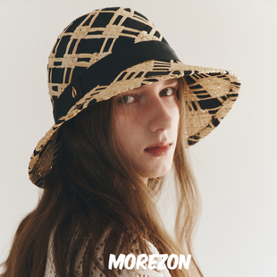 MOREZON Rosie 24春夏新款 拉菲草格纹编制大檐遮阳帽子 SHINJEO