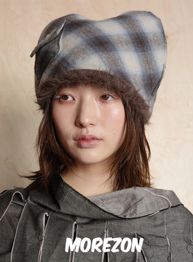 MOREZON【GORROGORRA cat beanie】秋冬潮人猫耳格纹口袋包头帽子