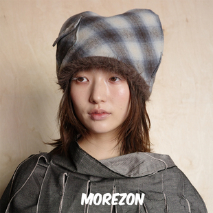 MOREZON【GORROGORRA cat beanie】秋冬潮人猫耳格纹口袋包头帽子