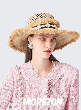 MOREZON【LAURENCE & CHICO】设计师款珍珠拼皮帽镂空大檐草帽女