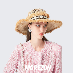 MOREZON【LAURENCE & CHICO】设计师款珍珠拼皮帽镂空大檐草帽女