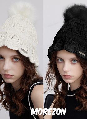 MOREZON【black imagine6】24秋冬新款大毛球羊毛手钩花朵毛线帽